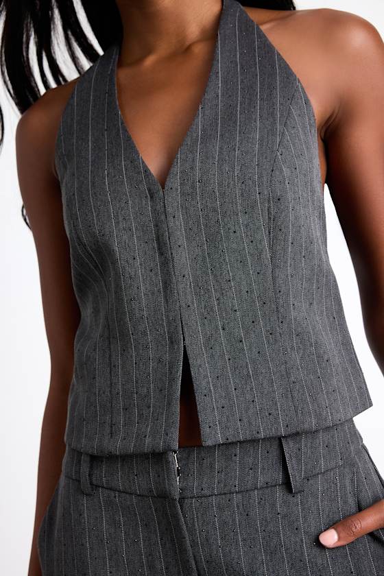 Thalina Dark Grey Pinstriped Rhinestone Halter Vest Top