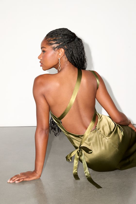 Yvonne Olive Green Satin One-Shoulder Midi Dress