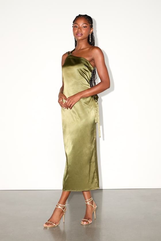 Yvonne Olive Green Satin One-Shoulder Midi Dress