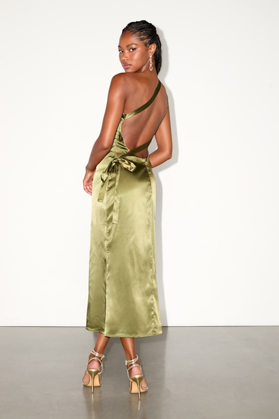 Yvonne Olive Green Satin One-Shoulder Midi Dress