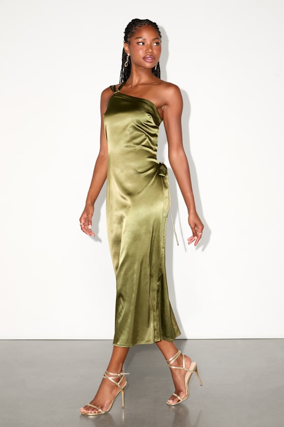 Yvonne Olive Green Satin One-Shoulder Midi Dress