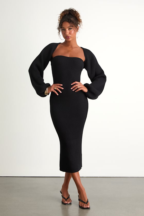 Autumn Aura Black Ribbed Two-Piece Sweater Dress