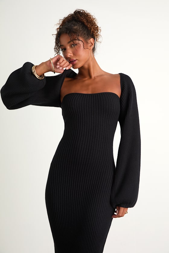 Autumn Aura Black Ribbed Two-Piece Sweater Dress