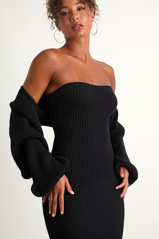 Autumn Aura Black Ribbed Two-Piece Sweater Dress