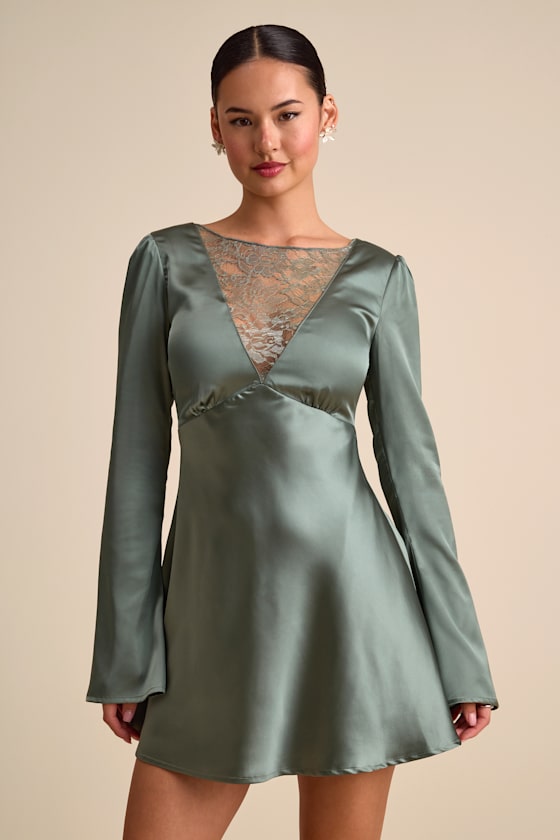 Emberlyn Sage Green Satin Lace Long Sleeve Mini Dress