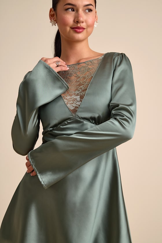 Emberlyn Sage Green Satin Lace Long Sleeve Mini Dress