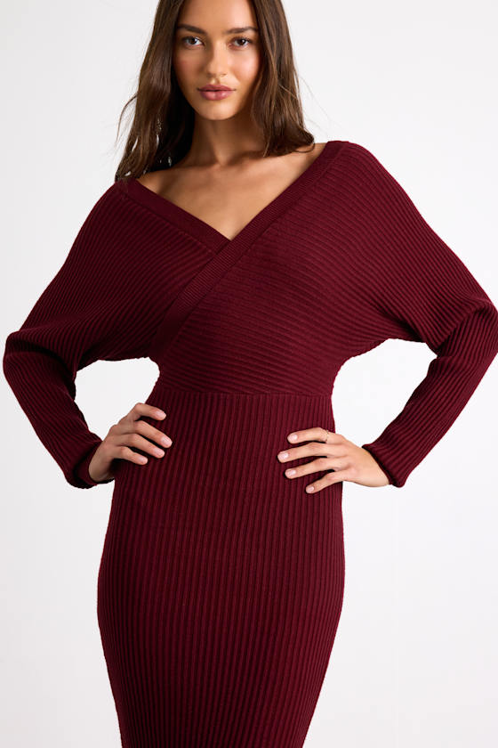 Bixby Burgundy Ribbed Surplice Bodycon Midi Dress