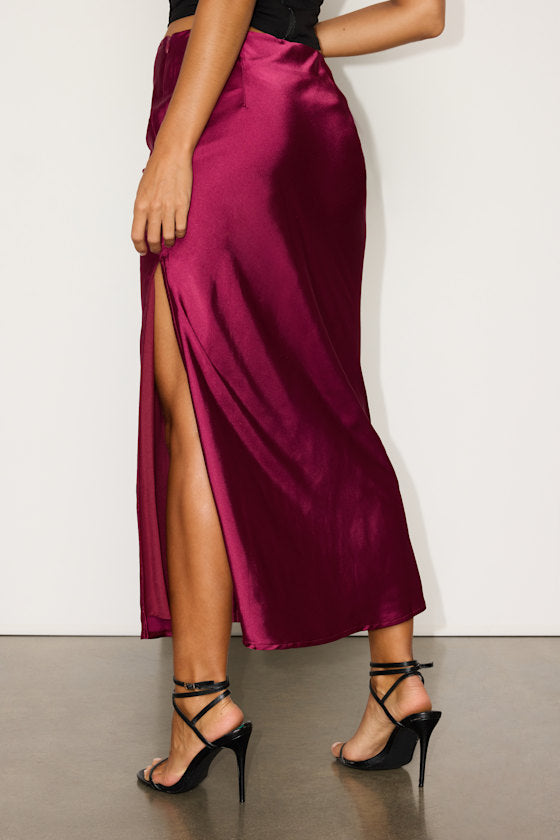 Chic Wishes Burgundy Satin Midi Skirt