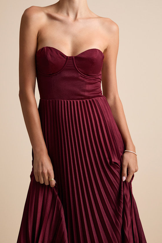 Irelyn Burgundy Satin Bustier Midi Dress