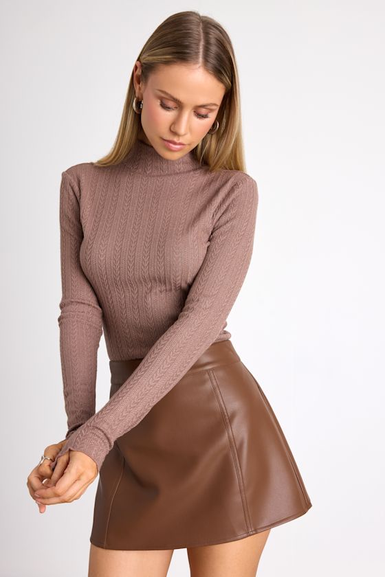 Idyllic Option Light Brown Pointelle Knit Mock Neck Sweater Top