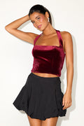 Alixia Wine Red Velvet Halter Crop Top
