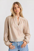 Zhena Beige Gathered Balloon Sleeve Top
