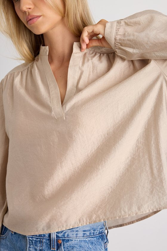 Zhena Beige Gathered Balloon Sleeve Top