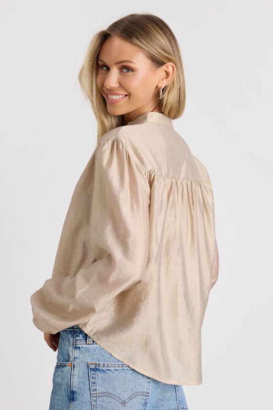 Zhena Beige Gathered Balloon Sleeve Top