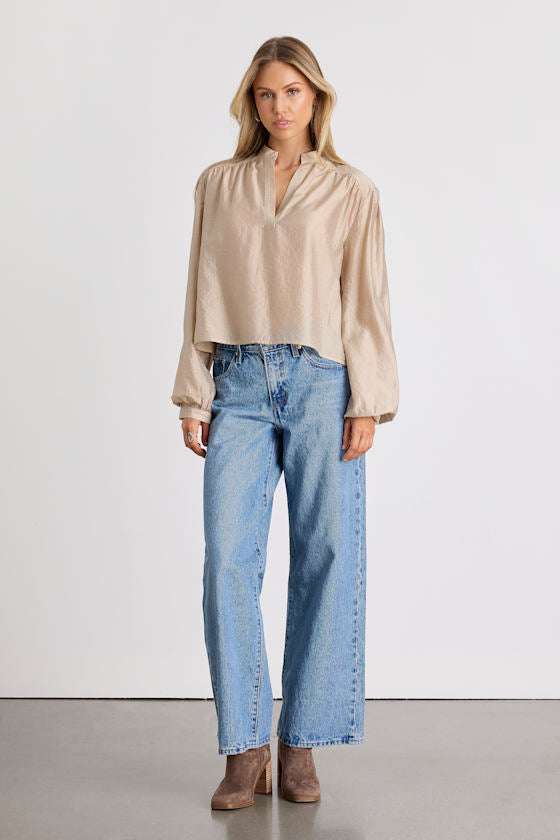 Zhena Beige Gathered Balloon Sleeve Top