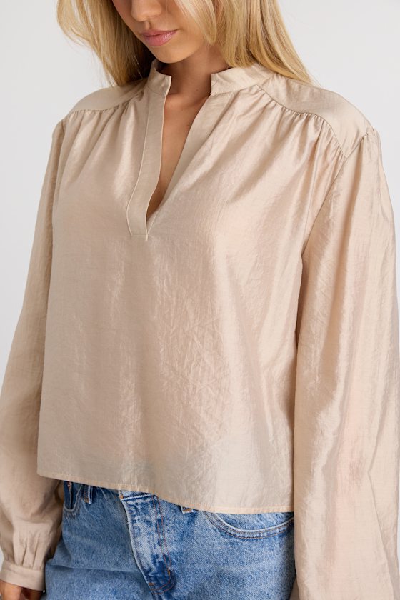 Zhena Beige Gathered Balloon Sleeve Top