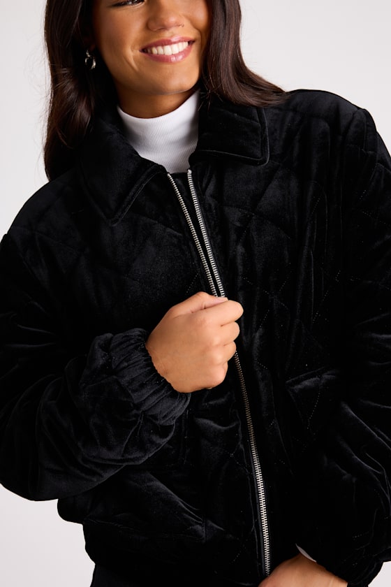Fayda Black Velvet Quilted Collared Bomber Jacket