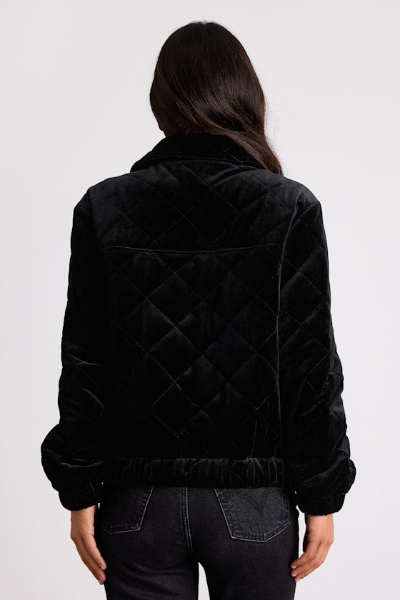 Fayda Black Velvet Quilted Collared Bomber Jacket