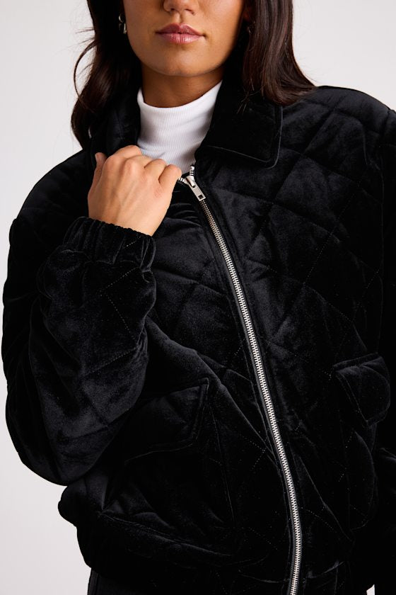 Fayda Black Velvet Quilted Collared Bomber Jacket