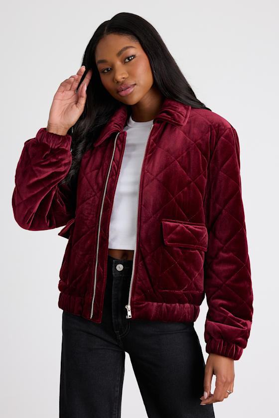 Fayda Burgundy Velvet Quilted Collared Bomber Jacket