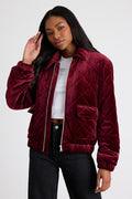 Fayda Burgundy Velvet Quilted Collared Bomber Jacket