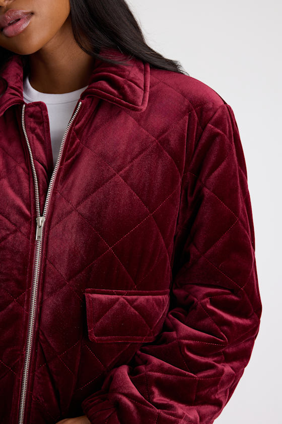 Fayda Burgundy Velvet Quilted Collared Bomber Jacket