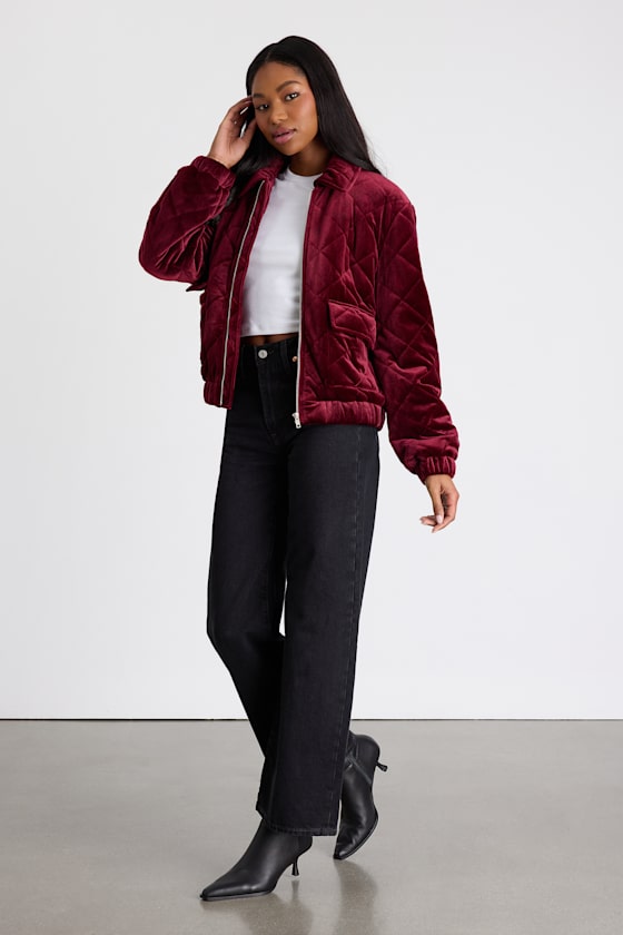 Fayda Burgundy Velvet Quilted Collared Bomber Jacket