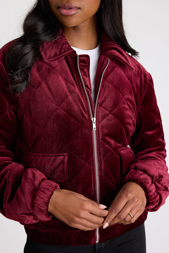 Fayda Burgundy Velvet Quilted Collared Bomber Jacket
