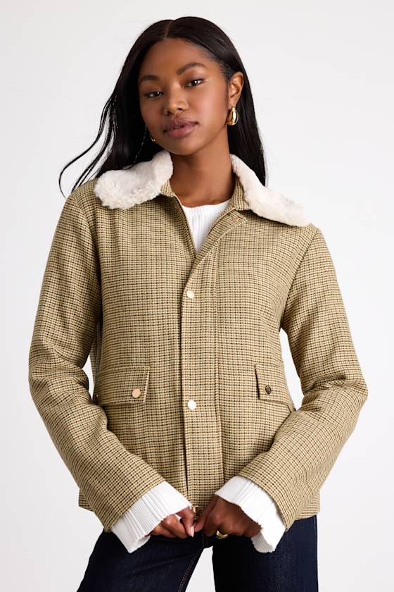 Bertie Beige Plaid Tweed Faux Fur Collar Jacket
