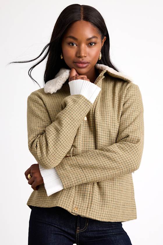 Bertie Beige Plaid Tweed Faux Fur Collar Jacket