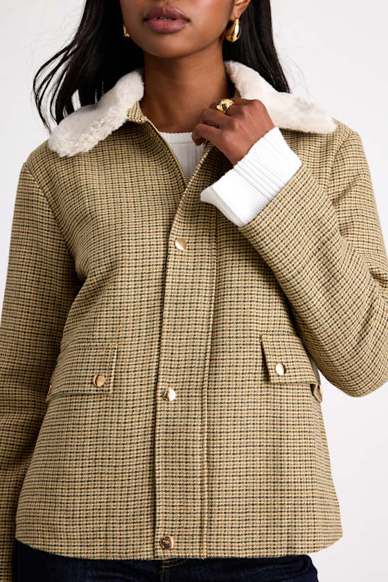 Bertie Beige Plaid Tweed Faux Fur Collar Jacket