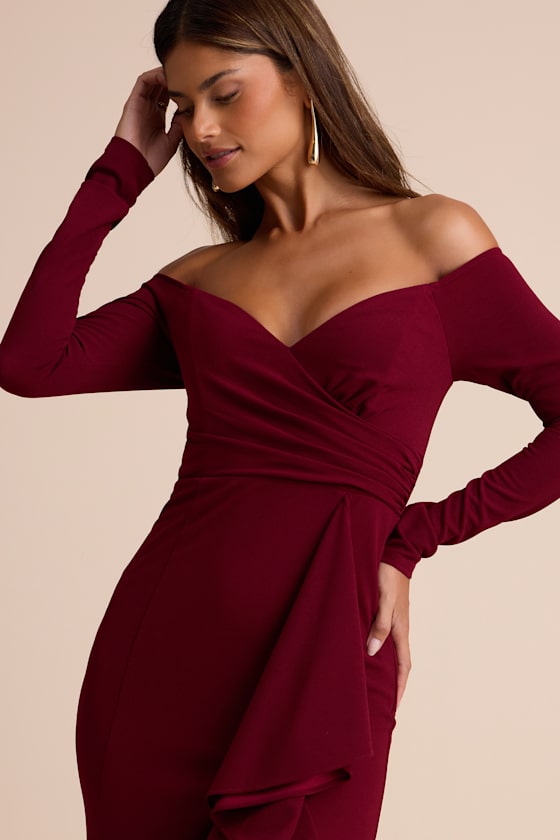 Notorious Perfection Wine Off-the-Shoulder Ruffled Maxi Dress