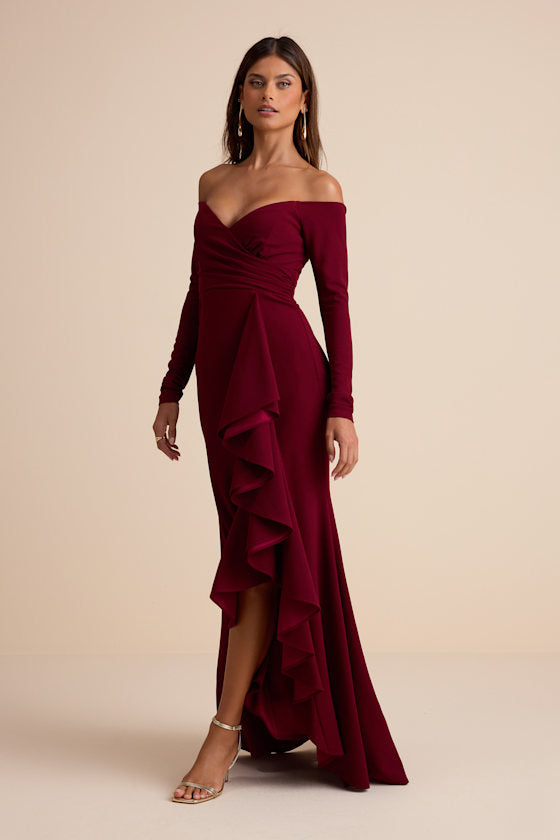 Notorious Perfection Wine Off-the-Shoulder Ruffled Maxi Dress