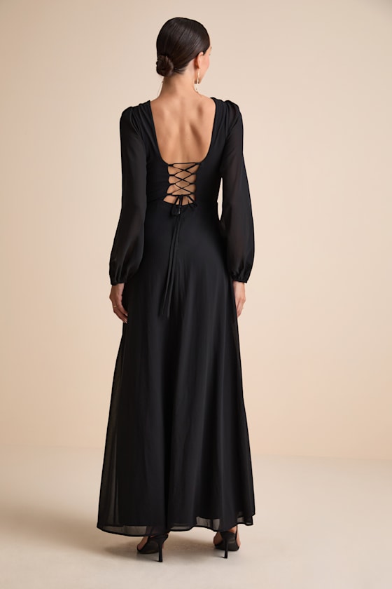 Marvelous Affair Black Pleated Lace-Up Maxi Dress