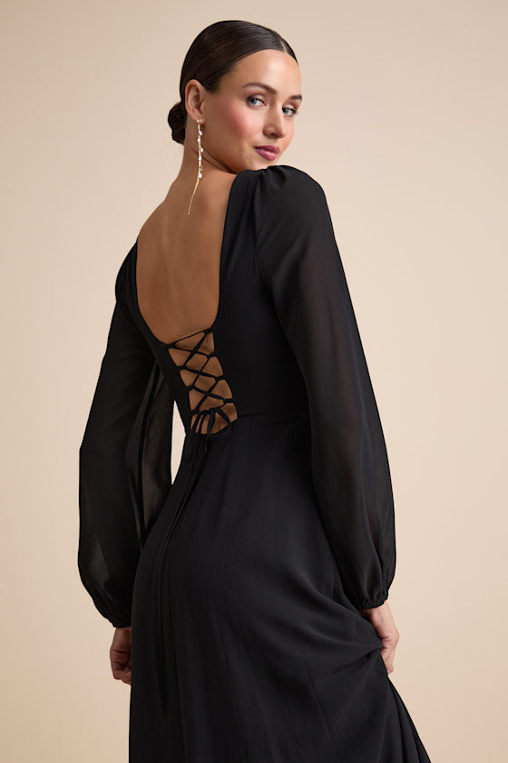 Marvelous Affair Black Pleated Lace-Up Maxi Dress