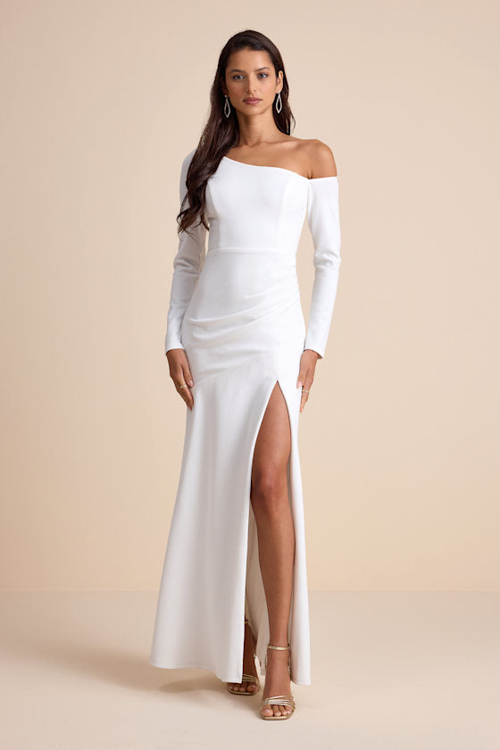 Elegant Sensation White Asymmetrical Pleated Maxi Dress