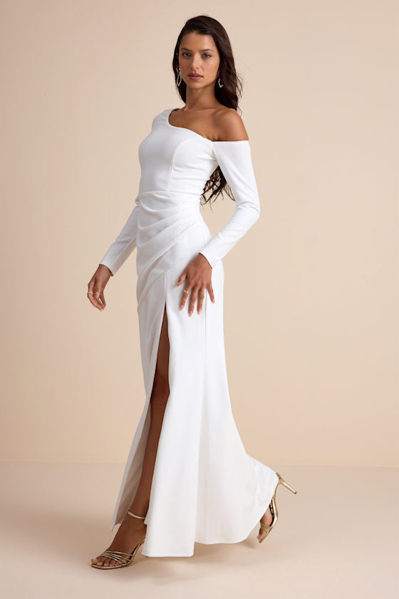 Elegant Sensation White Asymmetrical Pleated Maxi Dress