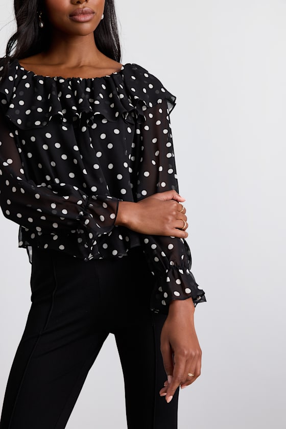 Albright Black Polka Dot Off-the-Shoulder Long Sleeve Top