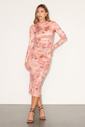 Lilaine Peach Floral Slinky Knit Long Sleeve Midi Dress