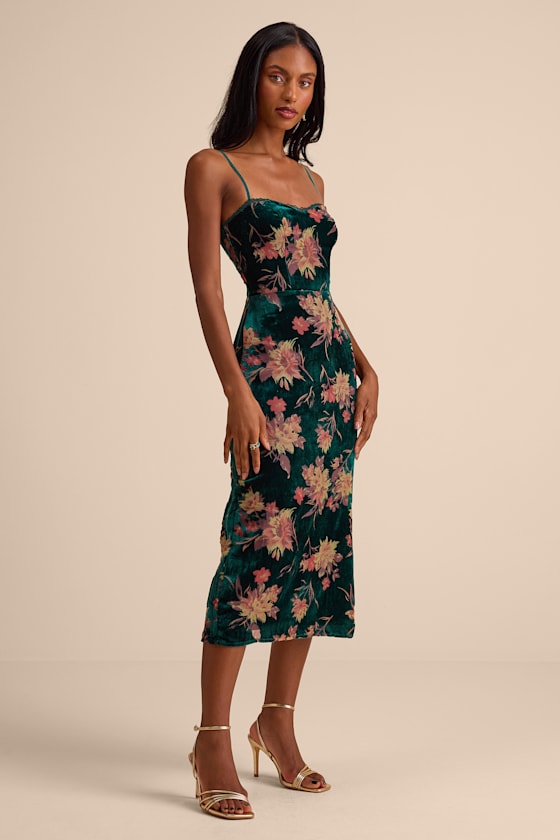 Erisa Emerald Velvet Floral Burnout Midi Dress