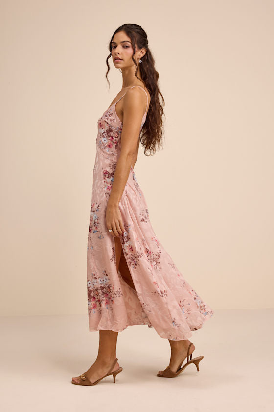 Eirwen Blush Floral Burnout Asymmetrical Midi Dress
