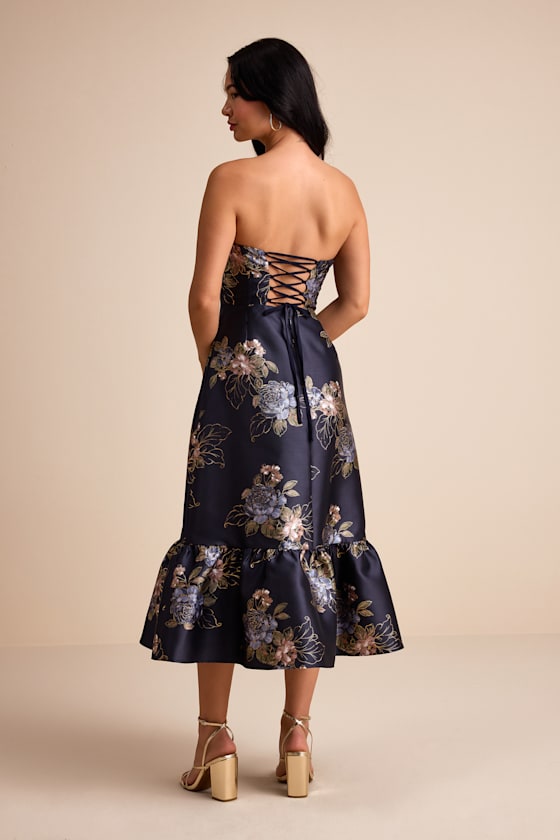 Yashelle Navy Floral Taffeta Strapless Tiered Corset Midi Dress