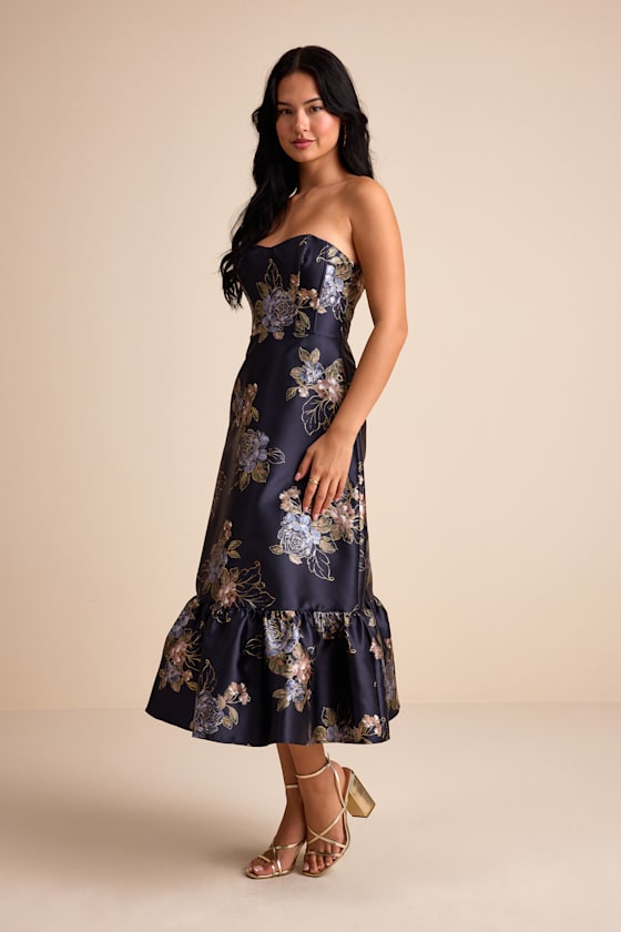 Yashelle Navy Floral Taffeta Strapless Tiered Corset Midi Dress