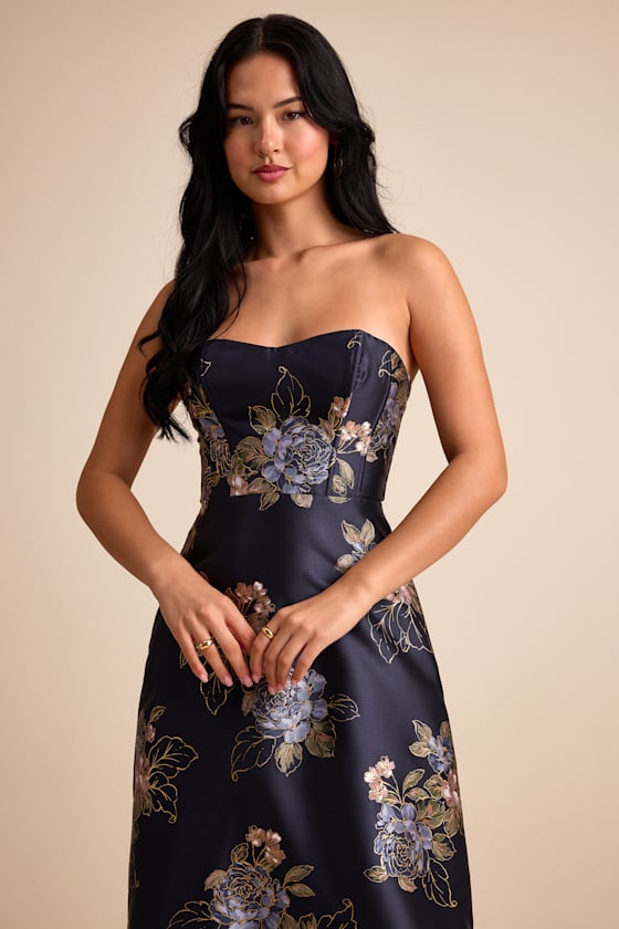 Yashelle Navy Floral Taffeta Strapless Tiered Corset Midi Dress