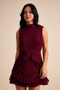 Alvana Burgundy Plisse Mock Neck Ruffled Mini Dress