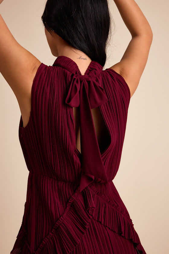 Alvana Burgundy Plisse Mock Neck Ruffled Mini Dress