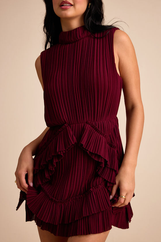 Alvana Burgundy Plisse Mock Neck Ruffled Mini Dress