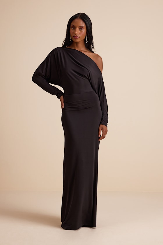 Valani Black Jersey Knit Asymmetrical Long Sleeve Maxi Dress