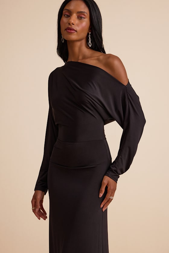 Valani Black Jersey Knit Asymmetrical Long Sleeve Maxi Dress