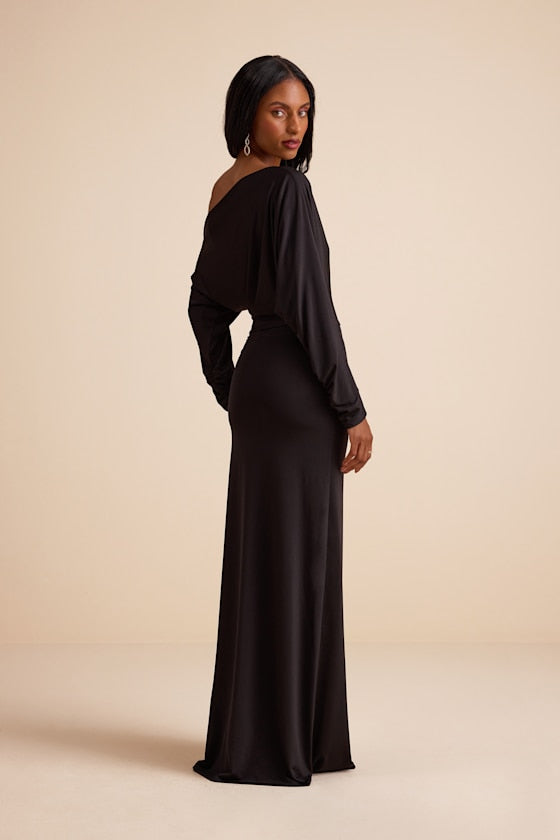 Valani Black Jersey Knit Asymmetrical Long Sleeve Maxi Dress